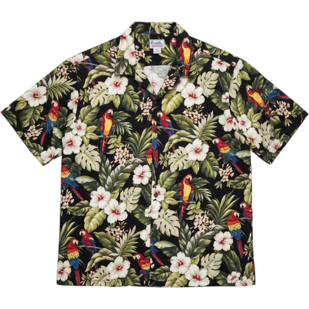 Vintage Hawaii Parrot Hibiscus Tropical Print Cotton Button Down Shirt 2XL Black